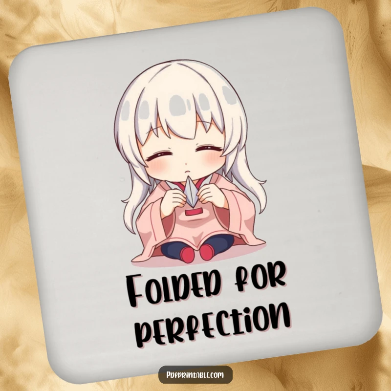 Funny Drink Coaster featuring a character intensely focused on folding a tiny paper crane, symbolizing artistic dedication.