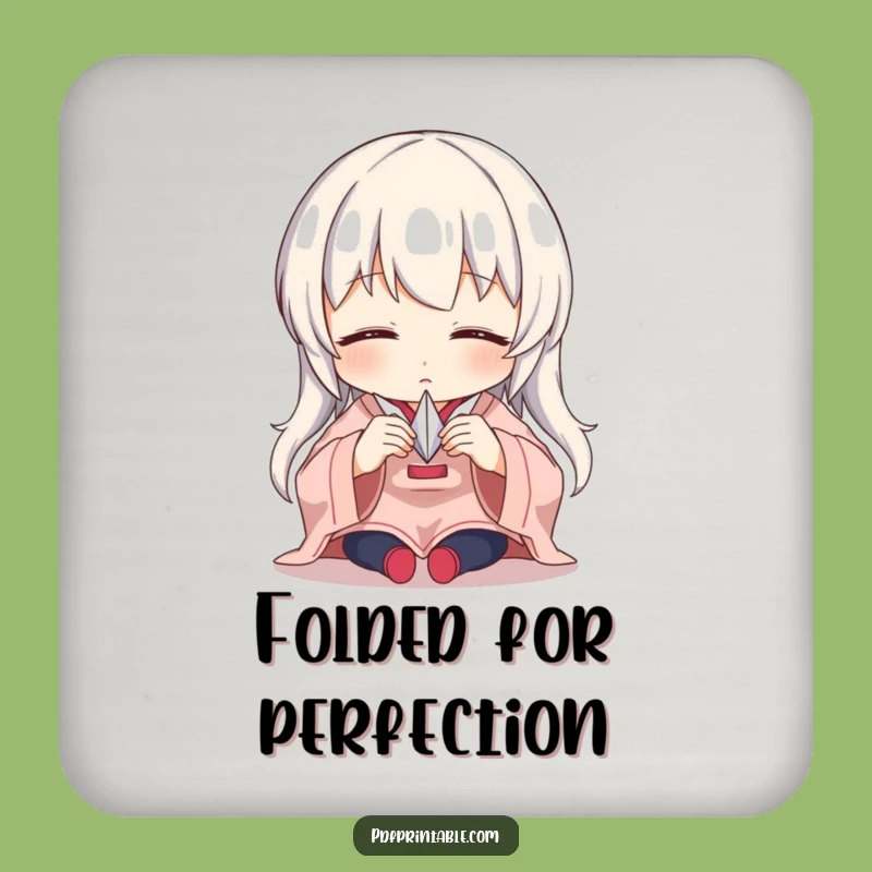 Funny Origami Drink Coaster: Focused character folding paper crane, a humorous gift for table protection.