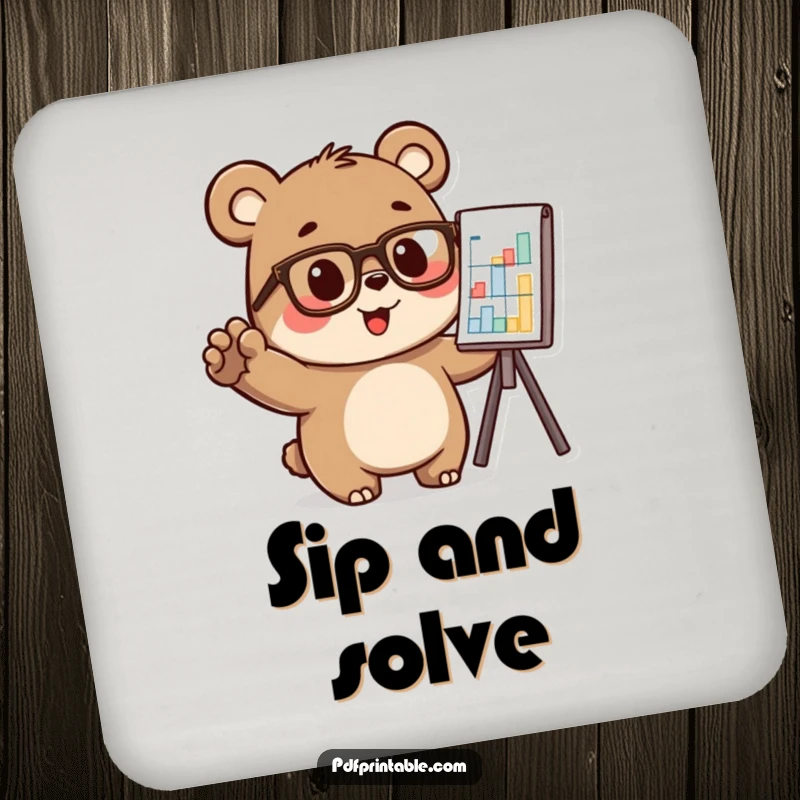 Funny bear wearing glasses and pointing at a chart, on a drink coaster, perfect funny gift.