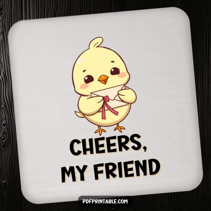 Funny Bird Letter Coasters with a cheerful bird character delivering a tiny, folded letter with a ribbon, offering stylish protection for drinkware.