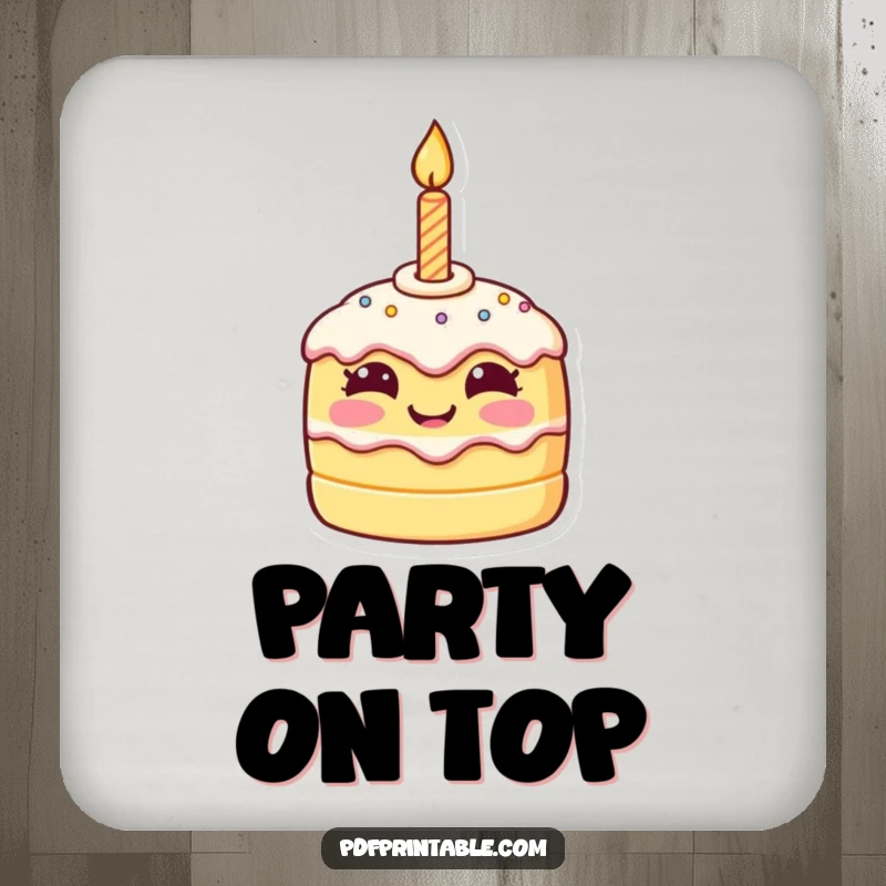 Funny birthday coasters featuring a tiny, smiling cake character with a birthday candle, protecting surfaces with a touch of cheer.