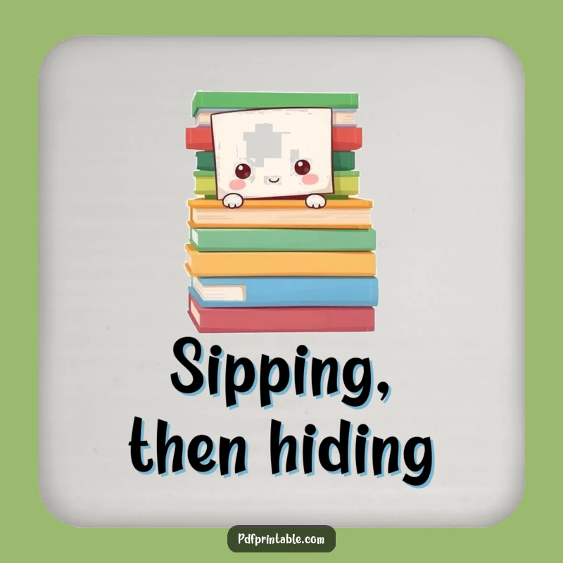 Funny Bookish Drink Coaster: Character hiding in pages, a humorous gift.