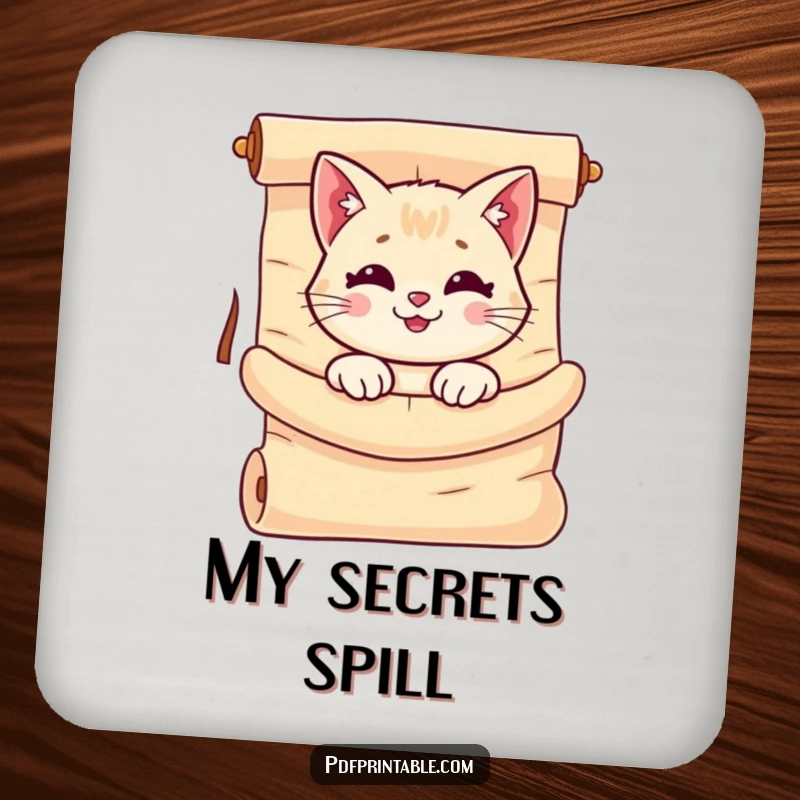 Funny Cat Scroll Coasters with a smiling cat peeking out from a large, unrolled scroll, offering stylish protection for drinkware.