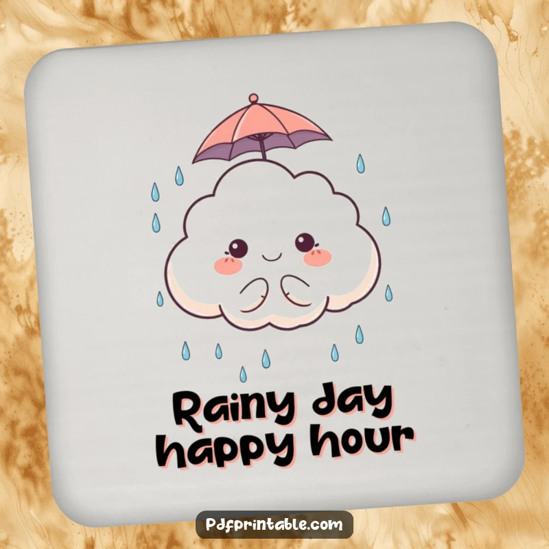 Funny Drink Coasters: A set of coasters featuring a cute cloud character with an umbrella, catching raindrops, for cheerful protection.