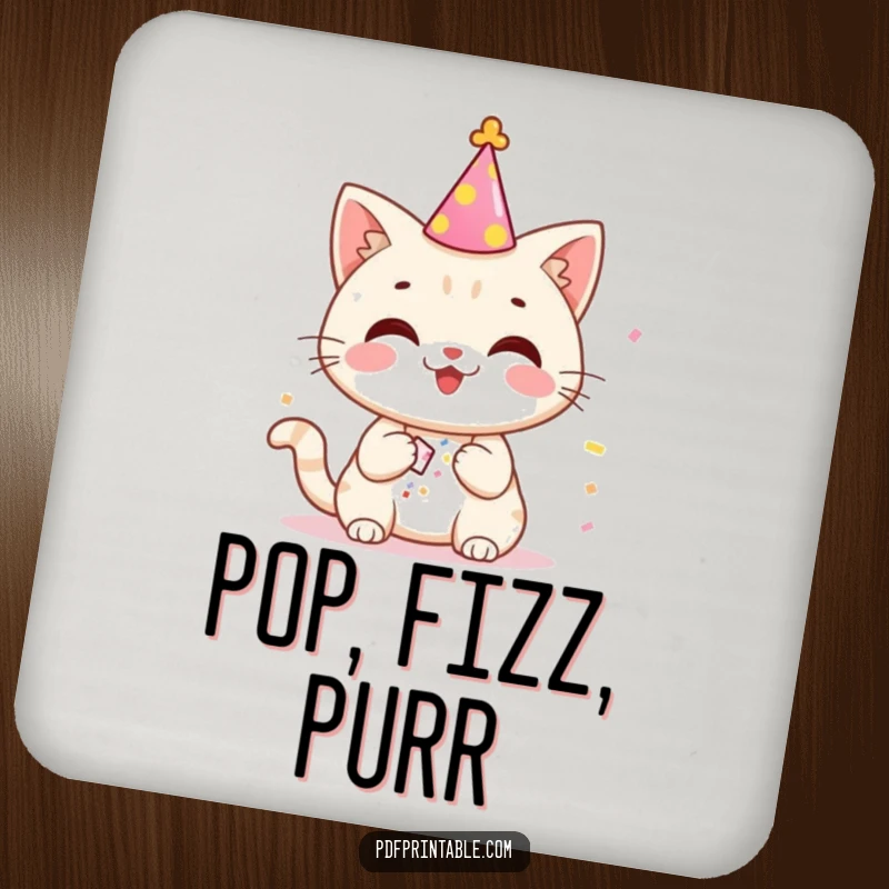 Funny cat wearing a party hat, releasing confetti, on a drink coaster, adding a humorous touch to tables.