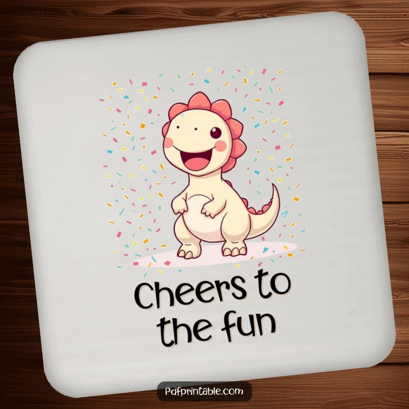 Funny kawaii dinosaur character joyfully printing a colorful confetti pattern, presented on coasters for humorous and festive style.