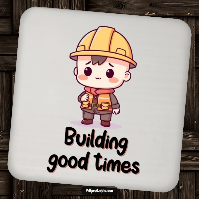 Funny drink coasters showing a character in a tiny construction hat building with printable shapes, ideal for protecting tables.