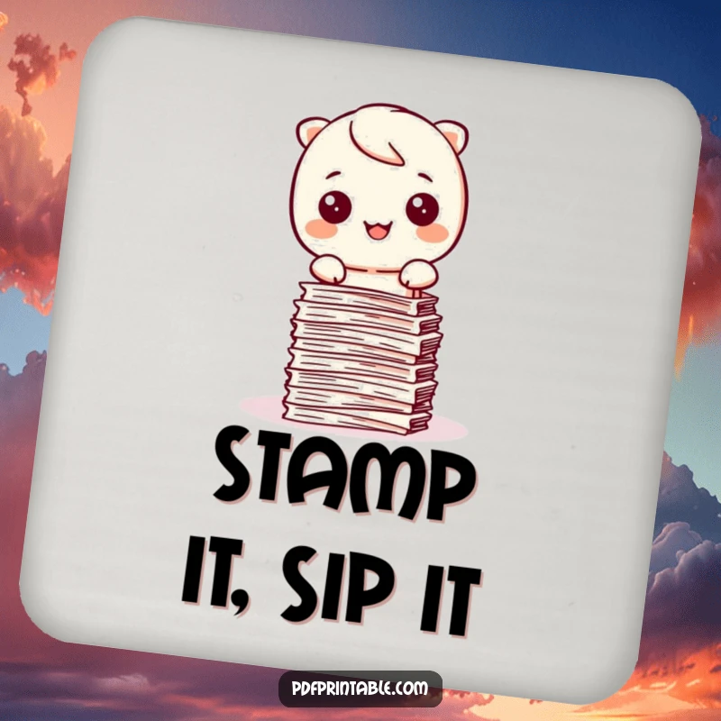 Funny Kawaii character happily stamping papers into a neat stack on a drink coaster, adding neatness.