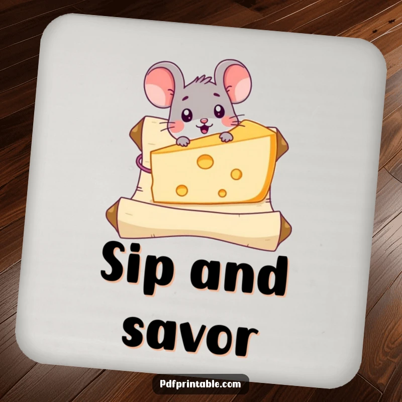 Funny Mouse Cheese Coasters with a surprised mouse character discovering a giant piece of cheese on a scroll, offering stylish protection for drinkware.