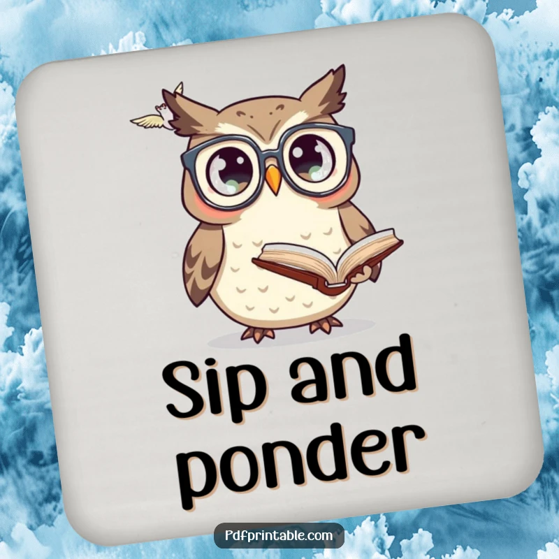 Funny owl with glasses looking at a flying book sits on a drink coaster, adding a touch of scholarly humor.