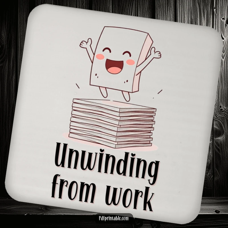 Funny Coaster featuring an excited paper character leaping from papers. Protects surfaces with humorous energy.