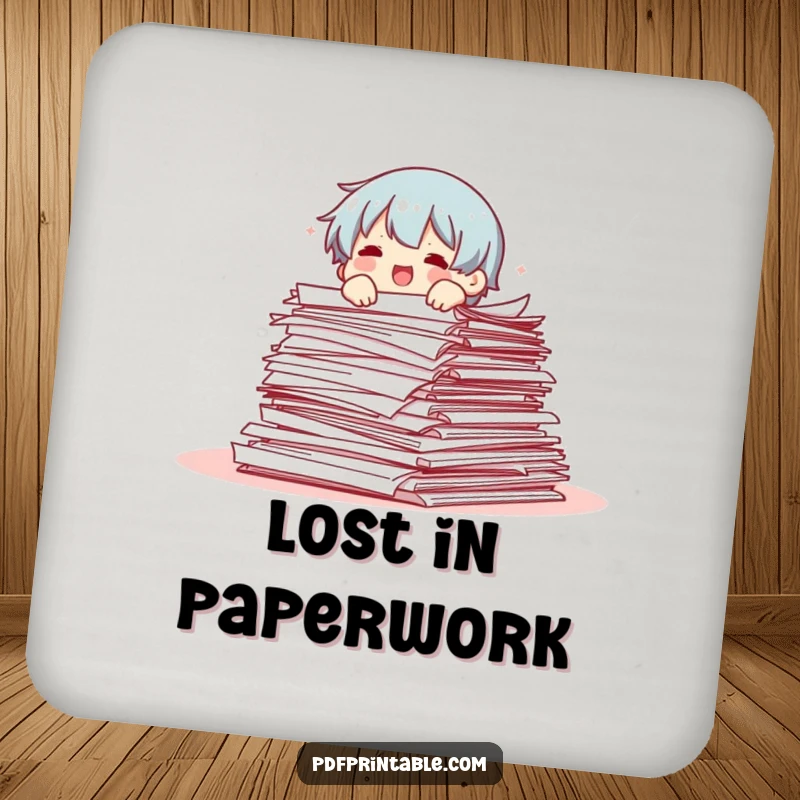 Funny drink coasters depicting a character hilariously tumbling out of a mountain of papers, ideal for protecting furniture.