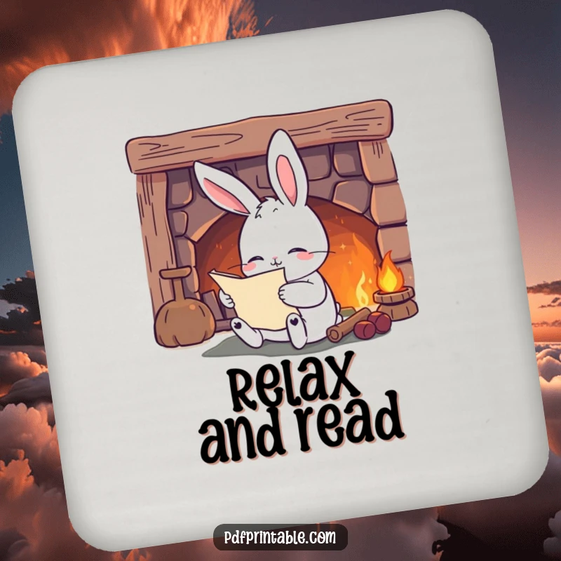 Funny Coasters: A content rabbit reads by a cozy fireplace, protecting surfaces with literary charm and humorous warmth.
