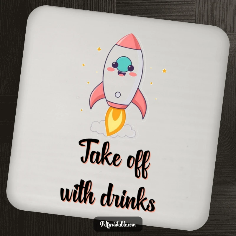 Funny kawaii rocket character blasting off from a smiling paper, presented on coasters for humorous and inspiring style.
