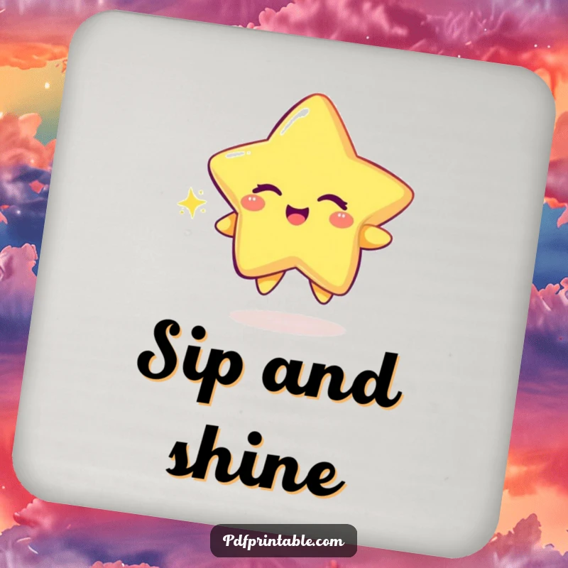 Funny Coaster featuring a playful star character winking while drawing a sparkly trail, adding magic to drinks.