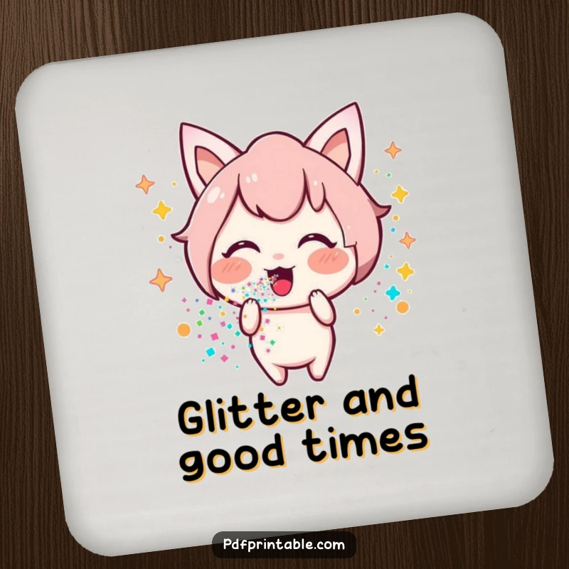 Funny Kawaii glitter coaster showing a happy character blowing a stream of colorful glitter, providing surface protection with a cheerful vibe.