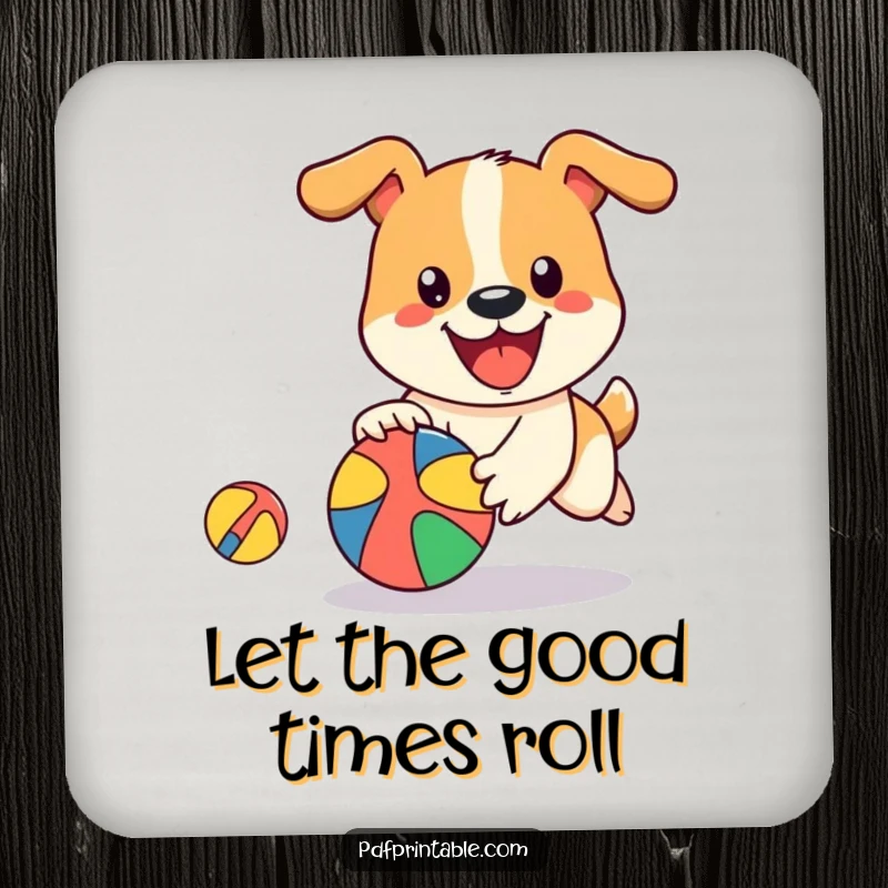 Funny Dog Ball Coasters with a happy dog character playfully chasing a bouncing, colorful ball, offering stylish protection for drinkware.