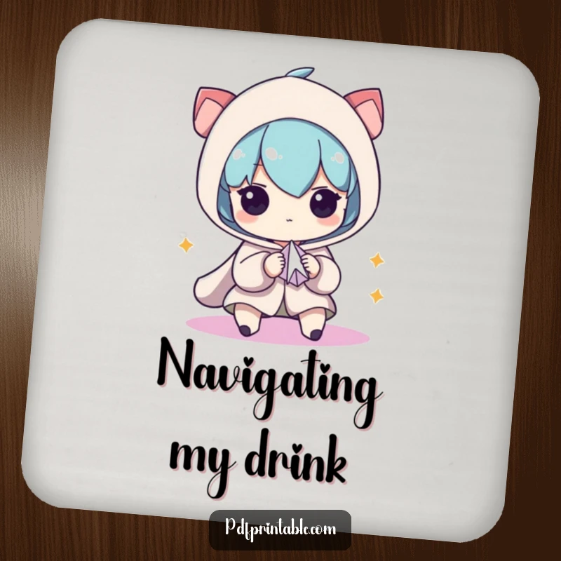 Funny Drink Coaster: Character focused intensely on folding a small paper airplane, a humorous depiction of concentration, perfect for protecting furniture.