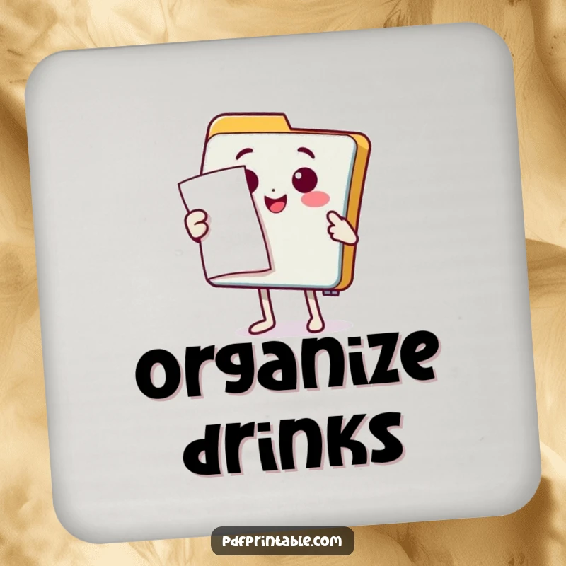 Funny Coaster: A happy folder character presenting a document with a flourish, protecting surfaces with professional flair and humor.
