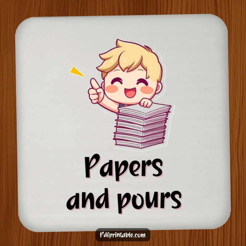 Funny Pointing Papers Coasters featuring a smiling character energetically pointing at a stack of papers, adding organized flair.