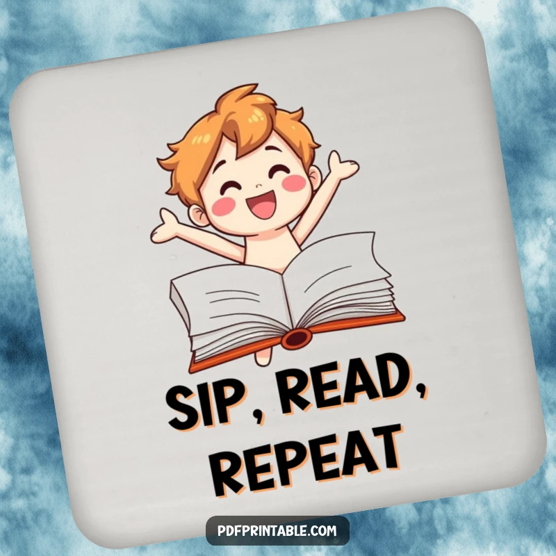 Funny Coaster: Smiling book character leaping from a book, protecting surfaces with a dose of literary charm and wit.