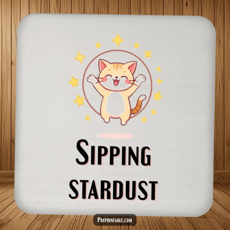 Funny cat jumping through a sparkling star hoop sits on a drink coaster, adding a touch of celestial humor.
