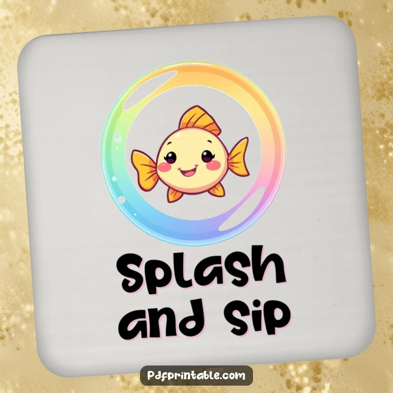 Funny Fish Coaster: A smiling fish swims through a rainbow bubble, protecting surfaces with vibrant and humorous underwater art.