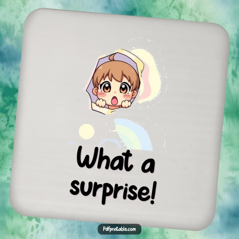 Funny drink coaster featuring a surprised character peeking from a colorful page, adding playful charm to surface protection.