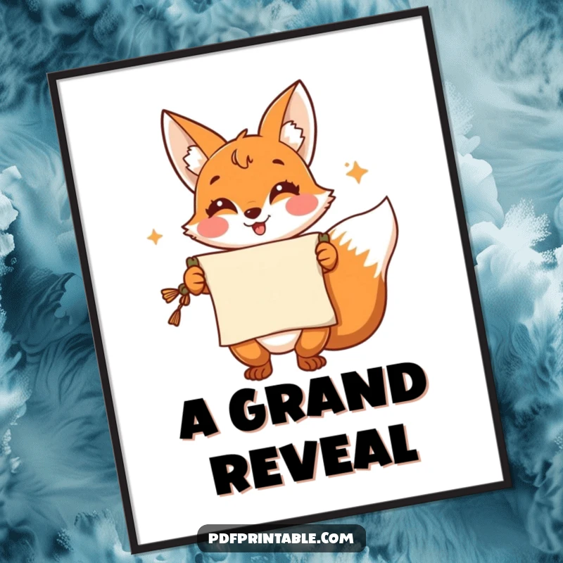 Funny Poster: A cheerful fox presenting a scroll with a flourish, perfect for adding cleverness and engaging humor to any room.