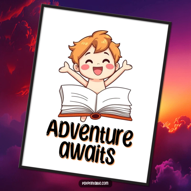 Funny Poster: A smiling book character leaping dynamically from a book page, adding a splash of whimsical literary art.