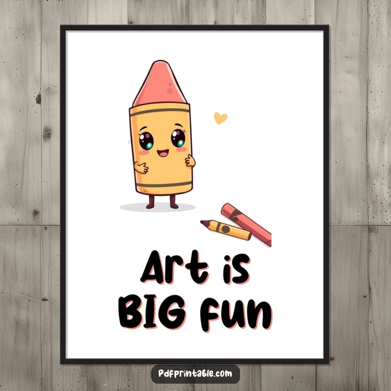 Funny Poster showing a character enthusiastically using a giant crayon to draw a bold, funny shape, embodying artistic freedom.
