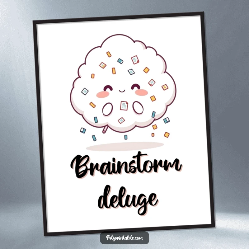 Funny Poster: A fluffy cloud character showering stylized document icons, adding whimsical and humorous office-themed decor.
