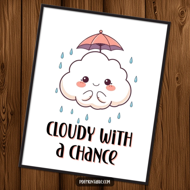 Funny Poster: A whimsical poster of a cute cloud character holding an umbrella and catching raindrops, bringing cheerful vibes.