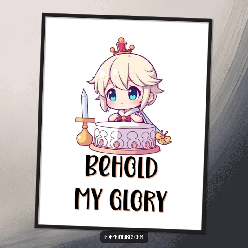 Funny Poster: Character beaming with immense pride, admiring a finished creation, symbolizing achievement and fulfillment, a humorous wall decoration.