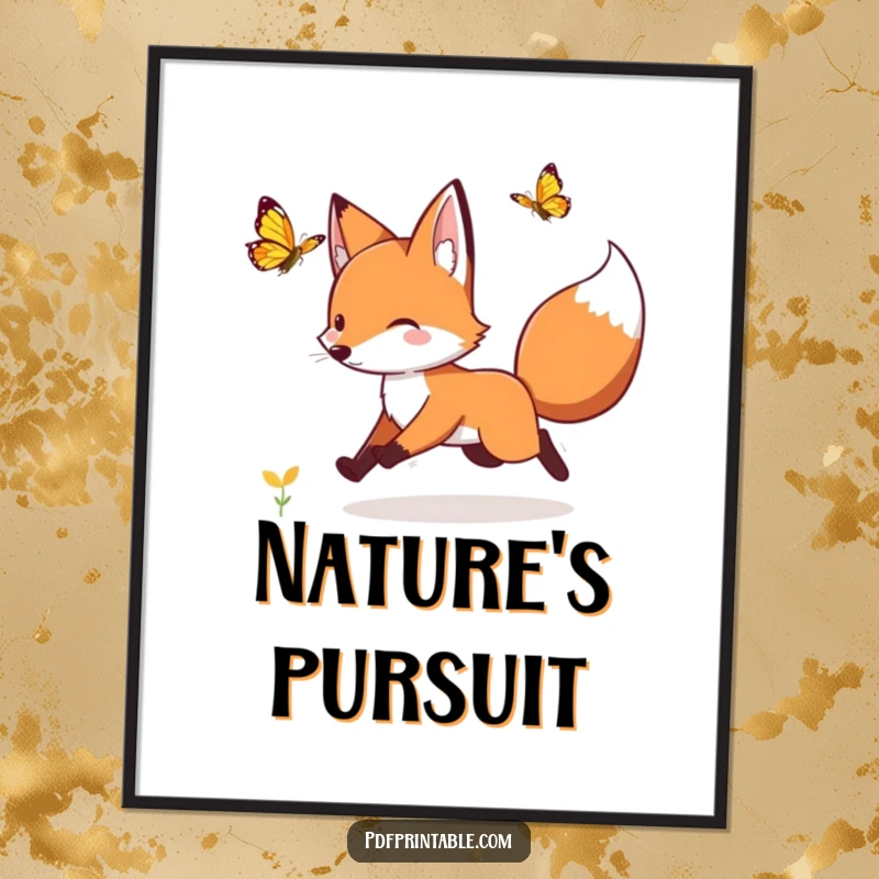 Funny playful fox chasing a fluttering butterfly, creating a whimsical and humorous visual on a poster.