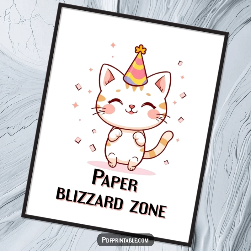 Funny kawaii cat adorned with a party hat, joyfully celebrating with falling confetti, creating a delightful wall art piece.