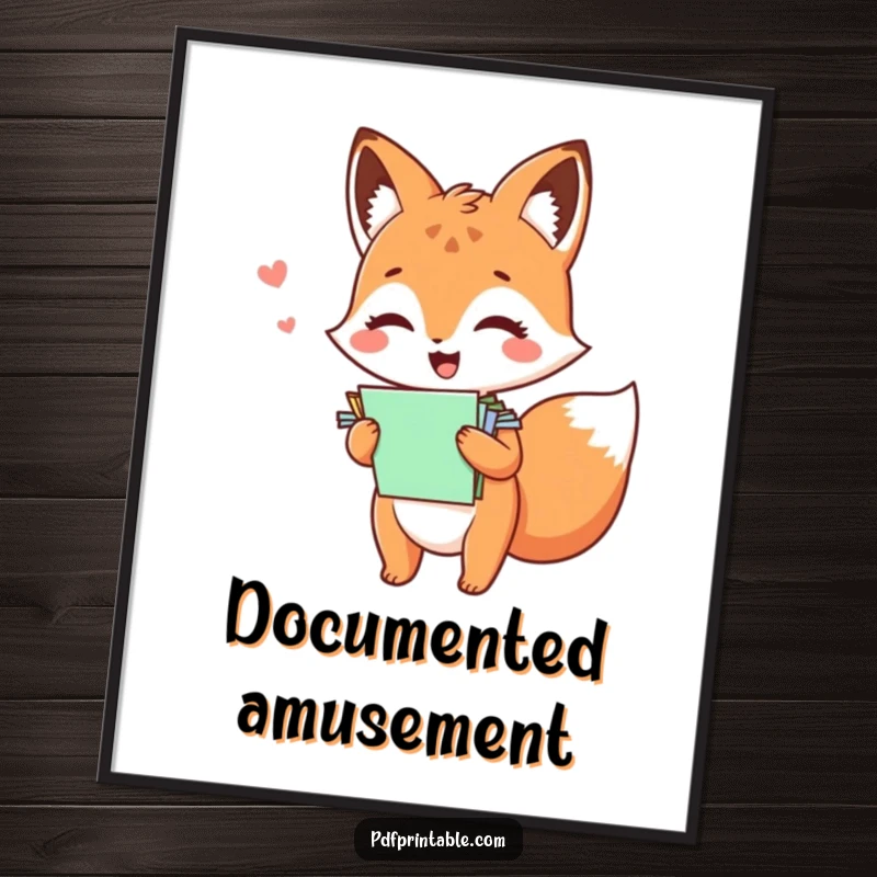 Funny kawaii fox giggling while holding colorful papers, creating a delightful and amusing wall art piece.