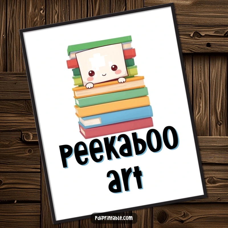 Funny Poster showing a paper character peeking from behind a stack of colorful pages, evoking the joy and mystery of reading.
