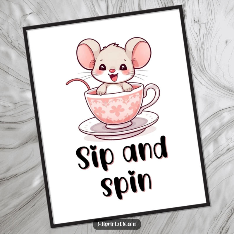 Funny Mouse Poster: A delighted mouse spins in a teacup, creating a charming and humorous wall art piece.