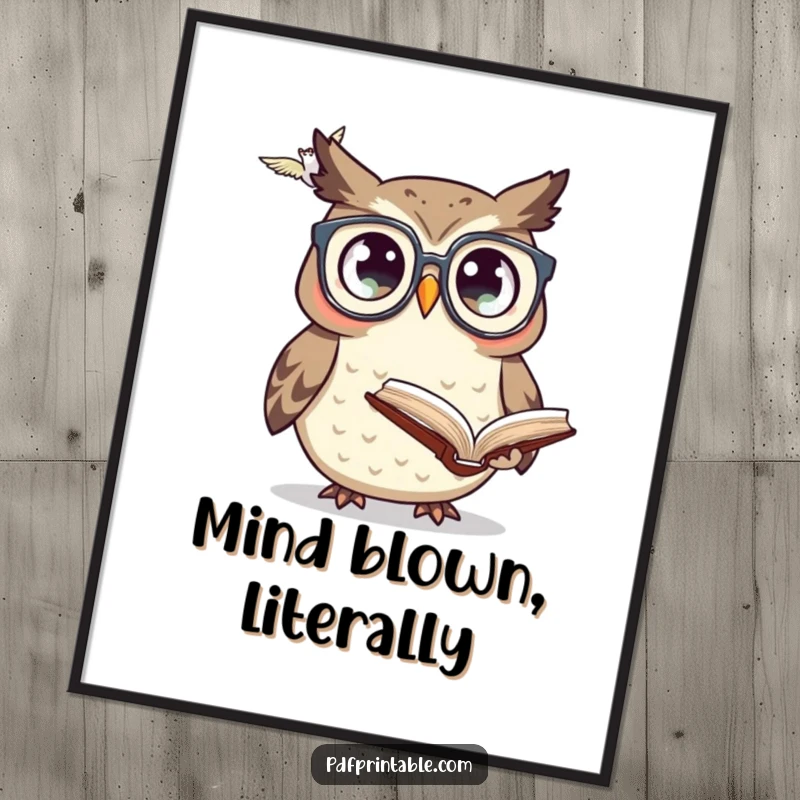 Funny surprised owl wearing tiny glasses, looking at a flying book, creating a humorous and intellectual visual on a poster.
