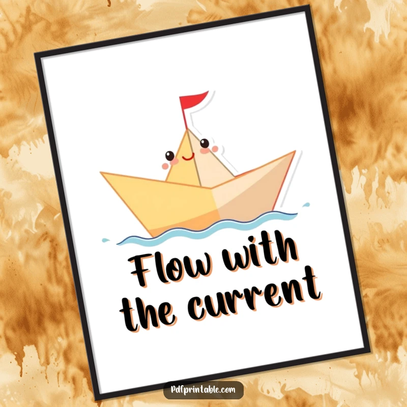 Funny Poster of a cheerful paper boat character sailing on a wavy line, bringing a playful and humorous nautical theme.