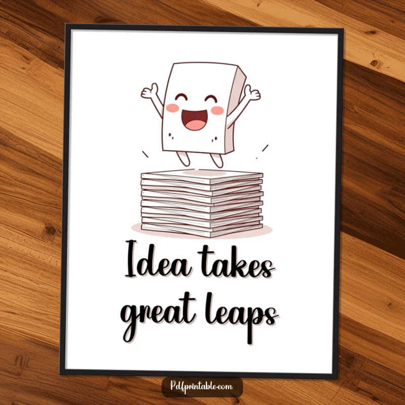 Funny Poster featuring an excited paper character joyfully leaping from a stack of papers. Motivational and humorous wall art.