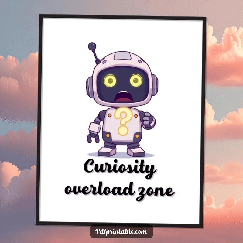 Funny Poster of a surprised robot character holding a prominent, glowing question mark, deep in contemplation.