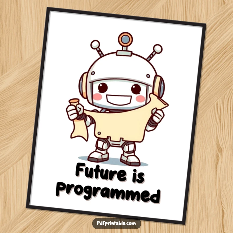 Funny grinning robot holding an unfurled scroll with a smile, on a poster, great funny art gift.