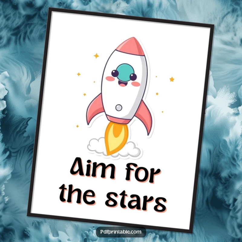 Funny kawaii rocket character blasting off from a smiling paper, depicted as a poster for humorous and inspiring wall art.