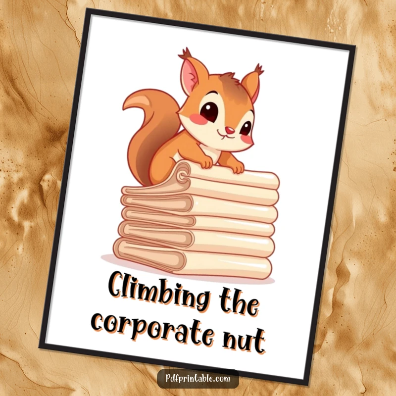 Funny squirrel character actively ascending a tall pile of rolled papers, capturing a moment of humorous struggle and ambition.