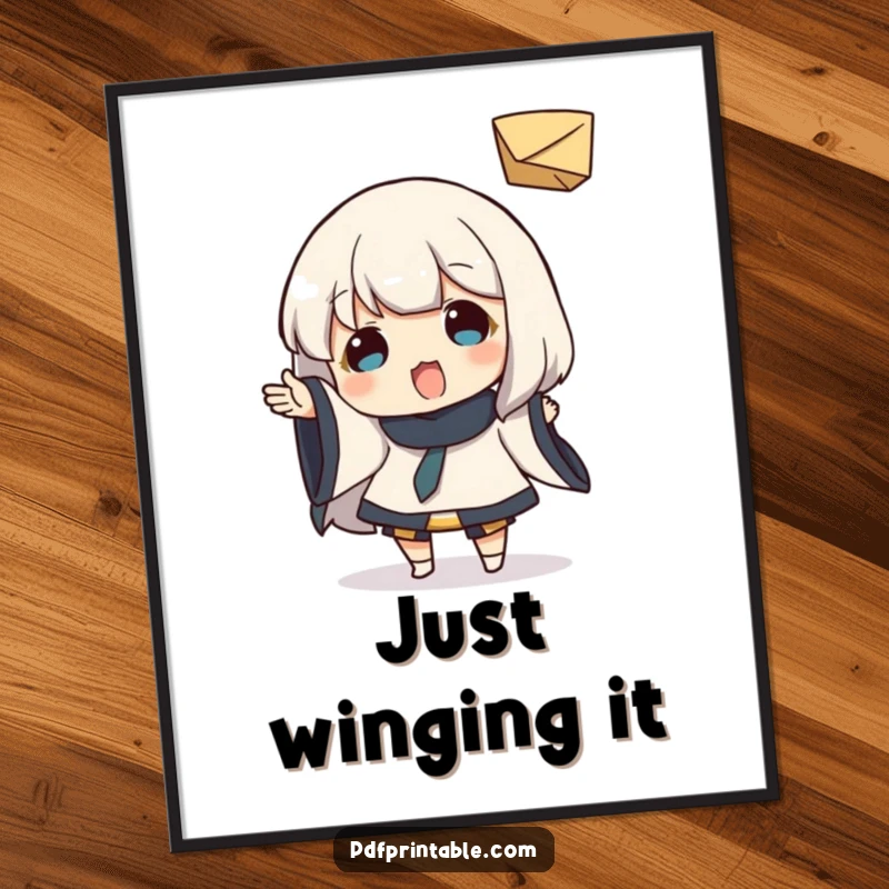 Funny Poster: Character in mid-action, playfully tossing a small folded paper object, conveying pure joy and spontaneous fun, a funny wall decoration.