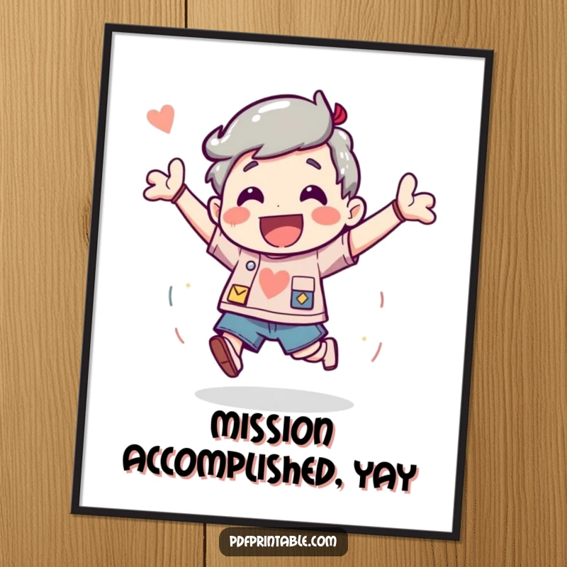 Funny Poster of a character bouncing energetically with excitement, celebrating the successful completion of a fun project.