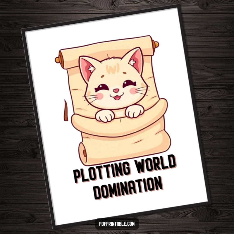 Funny Cat Scroll Poster featuring a smiling cat peeking from a giant, unrolled scroll, adding a touch of whimsy to wall decor.