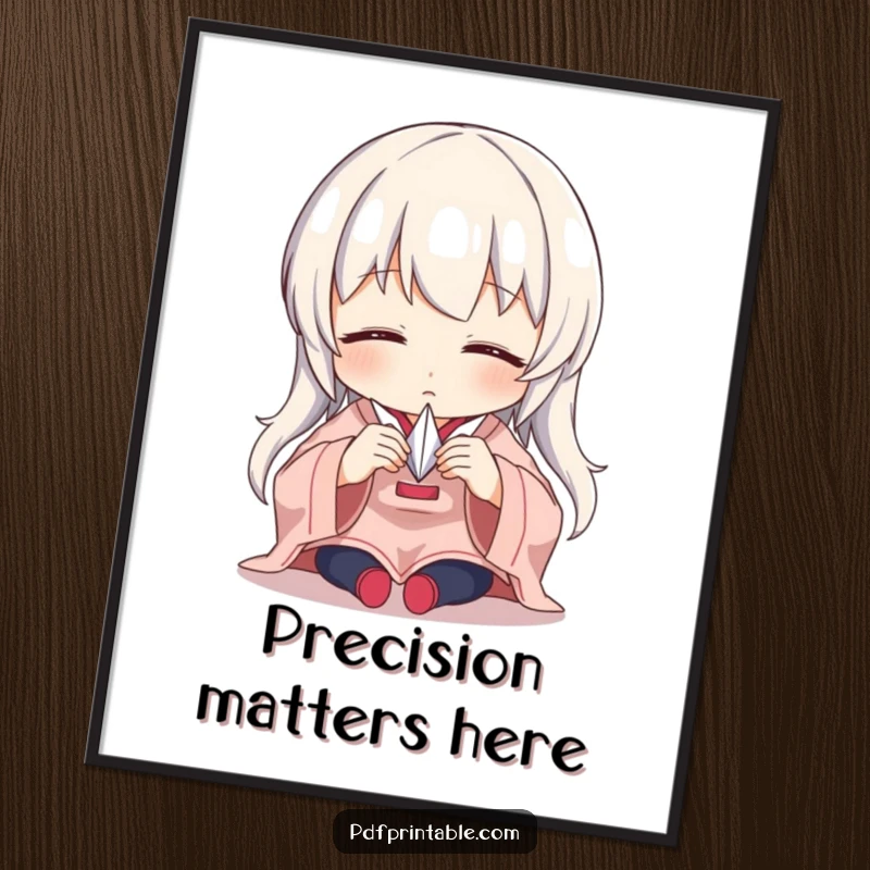 Funny Poster showcasing a character in deep concentration while carefully folding a tiny paper crane, embodying artistic focus.